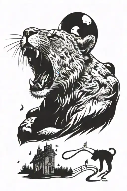 A lioness howling at the moon with musical notes floating around her, incorporating the numbers 111, 222, 333, 555, 777, and 11:11 tattoo design idea