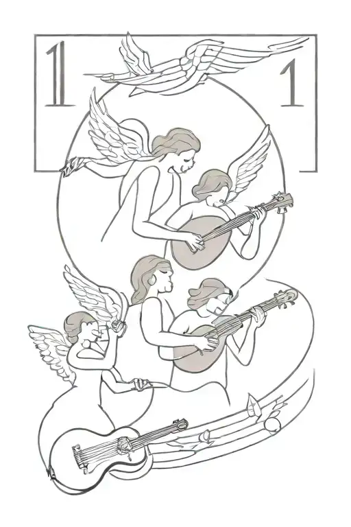 Angels playing musical instruments with numbers 111, 222, 333, 555, 777, and 11:11 in the background tattoo design idea