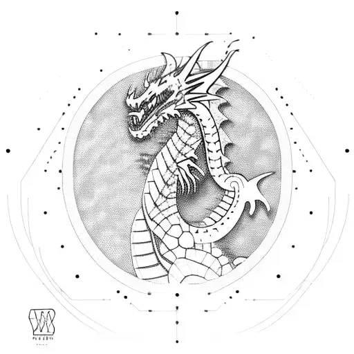 A futuristic dragon breathing fire with a circuit board pattern on its scales tattoo design idea