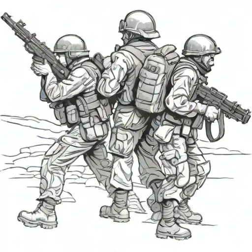 3 people with plate carriers and helmets taking cover from artillery fire tattoo design idea