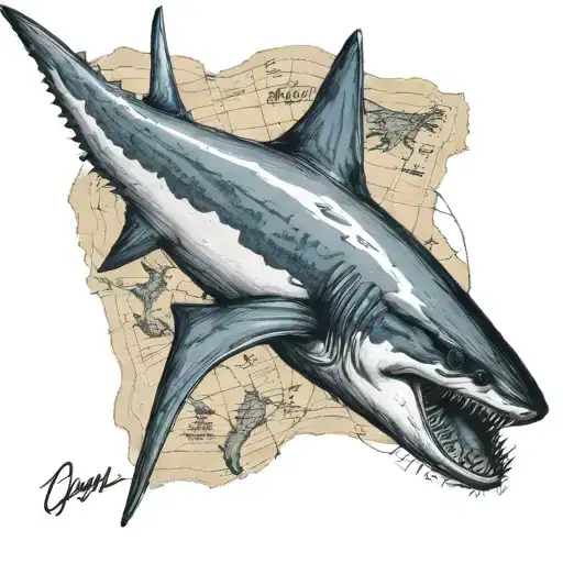 mako shark with a map  in the background tattoo design idea
