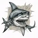mako shark with a old sailor chart in the background tattoo design idea