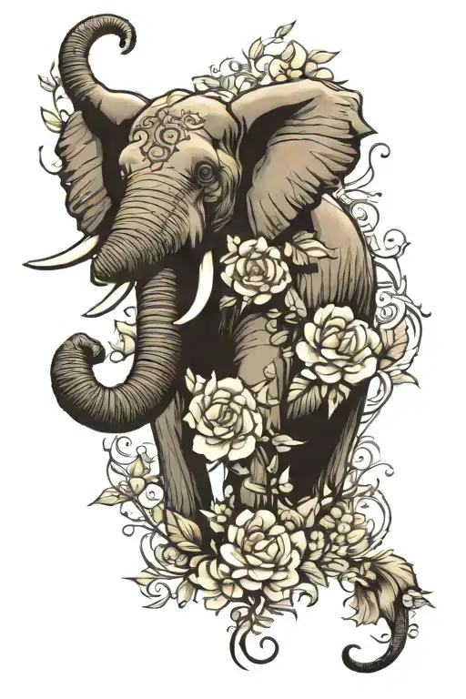 elephant surrounded by flowers tattoo design idea