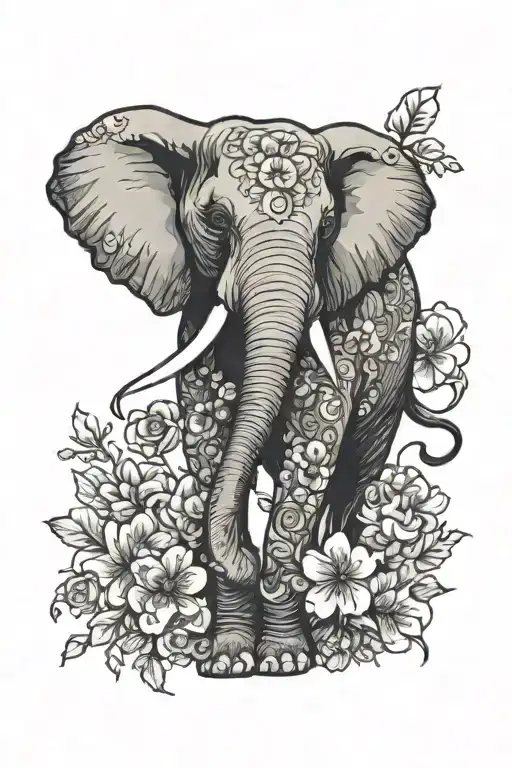 elephant surrounded by flowers tattoo design idea