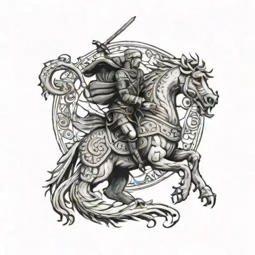 Saint George battles the dragon with the phrase "so that my enemies, having feet, cannot reach me" tattoo design idea