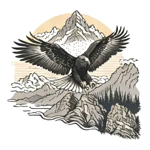 golden eagle soaring overhead from a mountain with the sun directly behind the eagle tattoo design idea