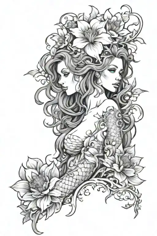 the last of us infected mermaid black Dahlia vanilla flower sampaguita flowers  tattoo design idea