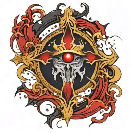 Dark black broke Satanic cross Realistic Eye, cracked and bleeding. dark black and blood red. golden cross. demonic tattoo design idea