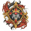 Dark black broke Satanic cross Realistic Eye, cracked and bleeding. dark black and blood red. golden cross. demonic tattoo design idea