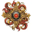 Dark black broke Satanic cross Realistic Eye, cracked and bleeding. dark black and blood red. golden cross. demonic tattoo design idea