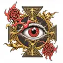 Dark black broke Satanic cross Realistic Eye, cracked and bleeding. dark black and blood red. golden cross. demonic tattoo design idea