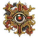 Dark black broke Satanic cross Realistic Eye, cracked and bleeding. dark black and blood red. golden cross. demonic tattoo design idea