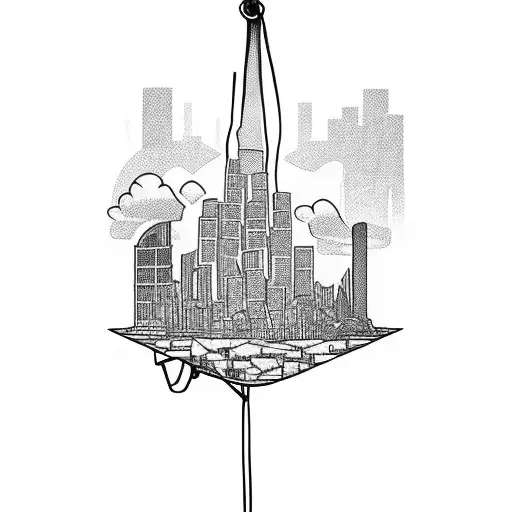 shoe hanging from telephone pole, over a city, city in ruins taken over by nature.  tattoo design idea