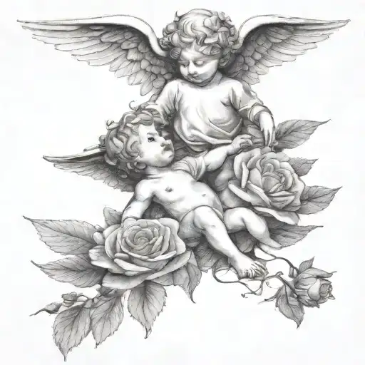 A black-grey tattoo of a cherub watching over a family of children, with delicate rose petals falling around them tattoo design idea