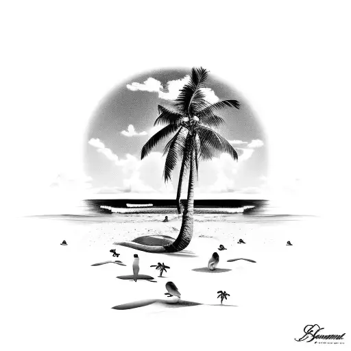 a tropical beach setting with palm trees, beach, ocean, sea turtle, birds tattoo design idea