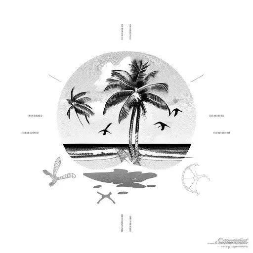 a tropical beach setting with palm trees, beach, ocean, sea turtle, birds tattoo design idea