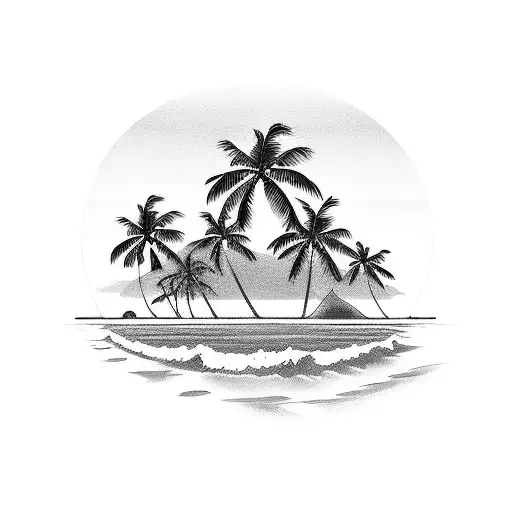 a tropical beach setting with palm trees, beach, ocean, sea turtle, birds tattoo design idea