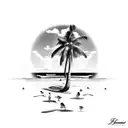 a tropical beach setting with palm trees, beach, ocean, sea turtle, birds tattoo design idea