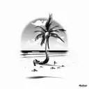 a tropical beach setting with palm trees, beach, ocean, sea turtle, birds tattoo design idea