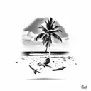 a tropical beach setting with palm trees, beach, ocean, sea turtle, birds tattoo design idea