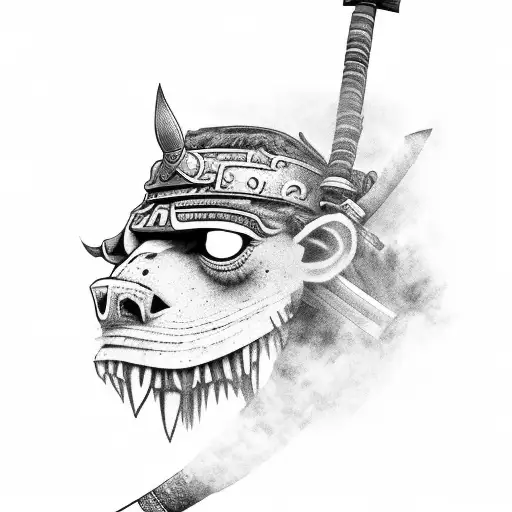 A traveler exploring ancient ruins with a samurai sword in hand tattoo design idea