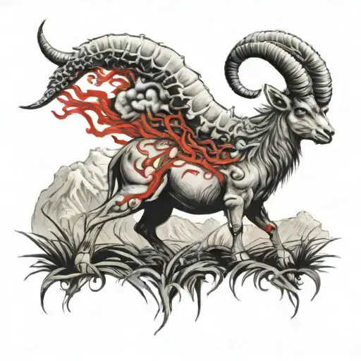wounder capricorn with red eyes standing on grass with eruption of volkano in the background tattoo design idea