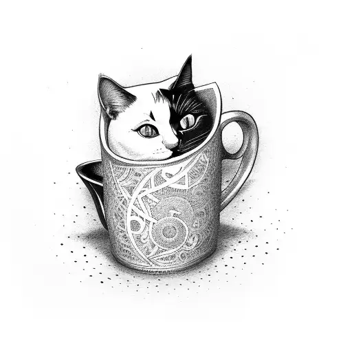 An artistic rendition of a cat curled up inside a coffee mug tattoo design idea