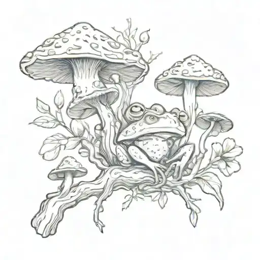 earthy mystical branch with mushrooms and frog tattoo design idea