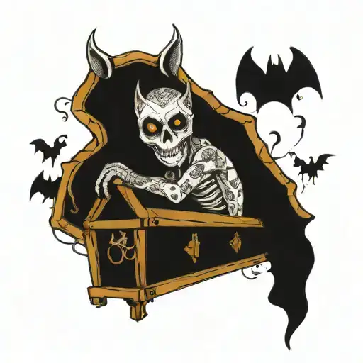 quote "I myself am strange an unusual on a coffin with bat shapes and webbing  tattoo design idea