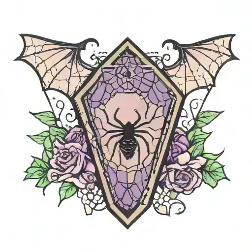 coffin outline with bats and spider webs entwined with black purple and green tattoo design idea