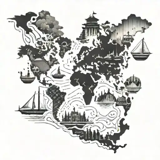 A detailed world map with landmarks from your favorite travel destinations incorporated into the design tattoo design idea