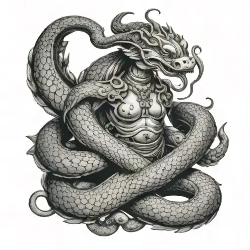 Snakes coiled around Samantabhadra Bodhisattva tattoo design idea