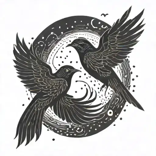 A minimalist design of a swallow and phoenix silhouettes merging into one, representing unity and harmony tattoo design idea