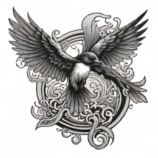 A black and grey tattoo of a swallow and phoenix soaring together, embodying resilience and determination tattoo design idea