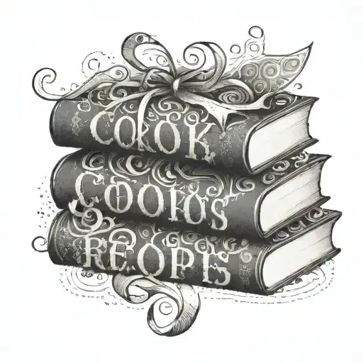 A stack of cookbooks with steam rising from them, forming abstract patterns of the letters A, V, and S, representing a student's passion for learning new recipes tattoo design idea