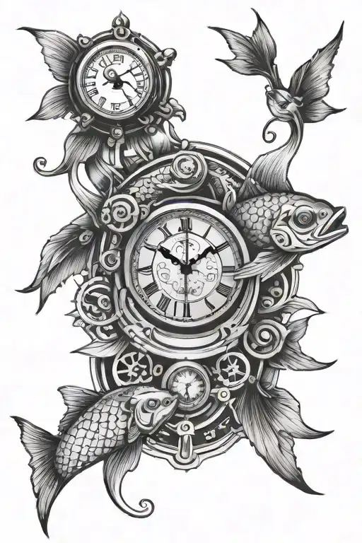 Harley Davidson logo incorporated with mechanical clock and koi fish  tattoo design idea