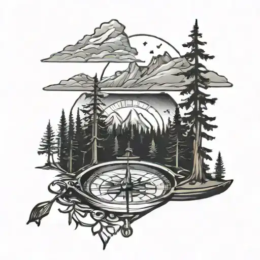 Compass, Canoe, Trees, Mountains,  tattoo design idea