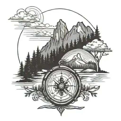 Compass, Canoe, Trees, Mountains, Camping scene tattoo design idea