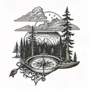 Compass, Canoe, Trees, Mountains,  tattoo design idea
