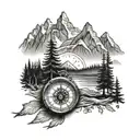 Compass, Canoe, Trees, Mountains,  tattoo design idea