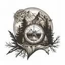 Compass, Canoe, Trees, Mountains,  tattoo design idea