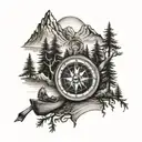 Compass, Canoe, Trees, Mountains,  tattoo design idea
