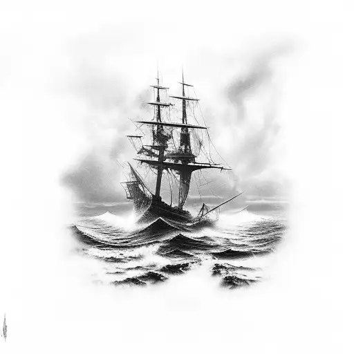 A mysterious dark ocean with a shipwreck guarded by a giant squid tattoo design idea