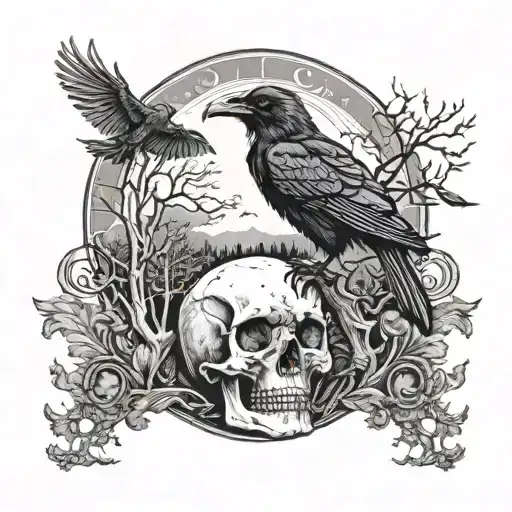 A mystical forest scene with a raven perched on a skull, surrounded by a solar eclipse tattoo design idea