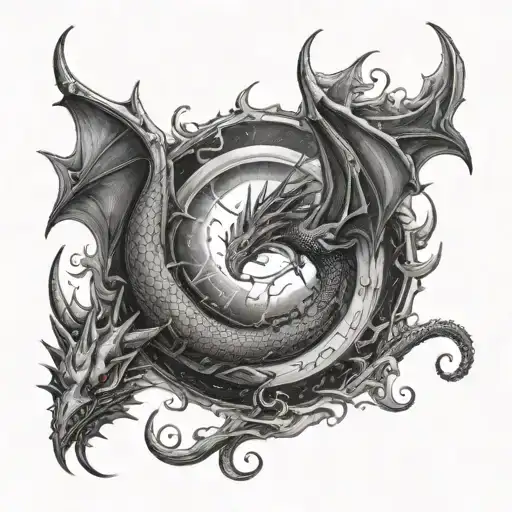 A celestial scene of a solar eclipse with a dragon circling around it, combining the writer's interest in fantasy and cosmic events tattoo design idea