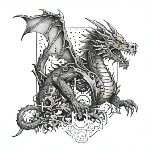 A mechanical dragon weaving through a dark forest, with a writing quill in its claws tattoo design idea
