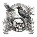 A mystical forest scene with a raven perched on a skull, surrounded by a solar eclipse tattoo design idea
