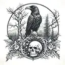 A mystical forest scene with a raven perched on a skull, surrounded by a solar eclipse tattoo design idea