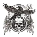 A mystical forest scene with a raven perched on a skull, surrounded by a solar eclipse tattoo design idea