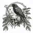 A mystical forest scene with a raven perched on a skull, surrounded by a solar eclipse tattoo design idea